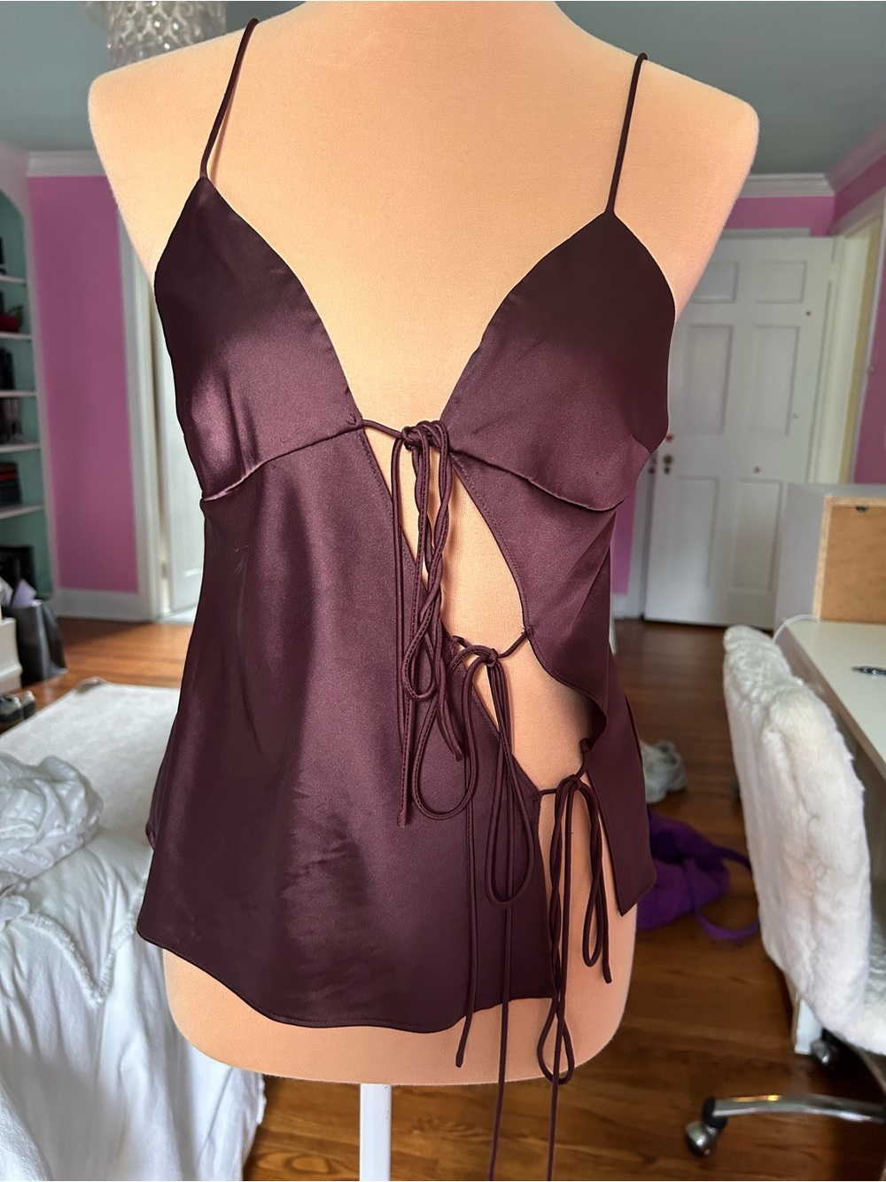 Lioness Satin Tie-Front Cami in brown